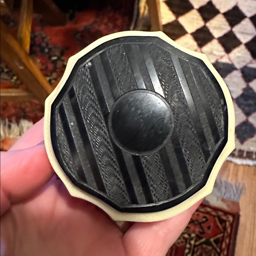 Antique ivory celluloid Victorian vanity box w detailed black lid Sweet treasure